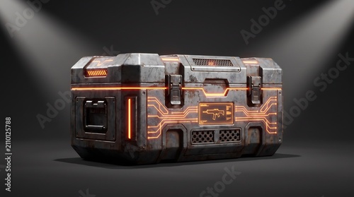 Heavy metallic industrial crate with glowing orange circuit patterns and a on the front in a dark spotlighted environment
