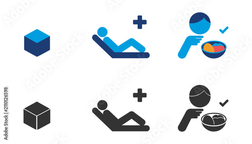 Set of medical and healthcare icons showing a cube a patient resting in a bed and a person eating healthy food