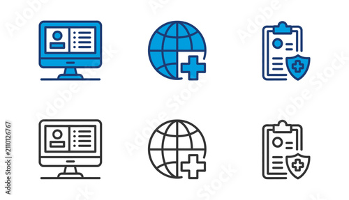 Set of medical and healthcare icons featuring computer diagnostics global health network and insurance documentation in both colorful and linear outline styles