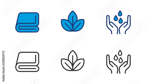 A collection of spa and wellness icons featuring folded towels natural leaves and cupped hands with water droplets in blue and outline styles