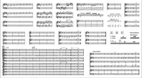 Foto Music Staff Notation Vector Collection with Sheet Music Symbols and Score Templa