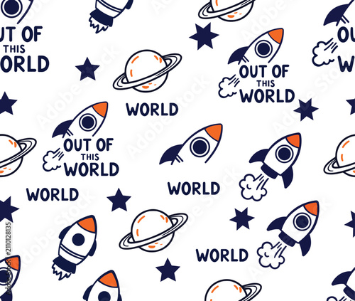  Niedliches nahtloses Muster mit Raketen, Planeten, Sternen und Weltraumelementen im handgezeichneten Stil – perfekt für Paper Crafts, Textilien, Scrapbooking und Designprojekte.
