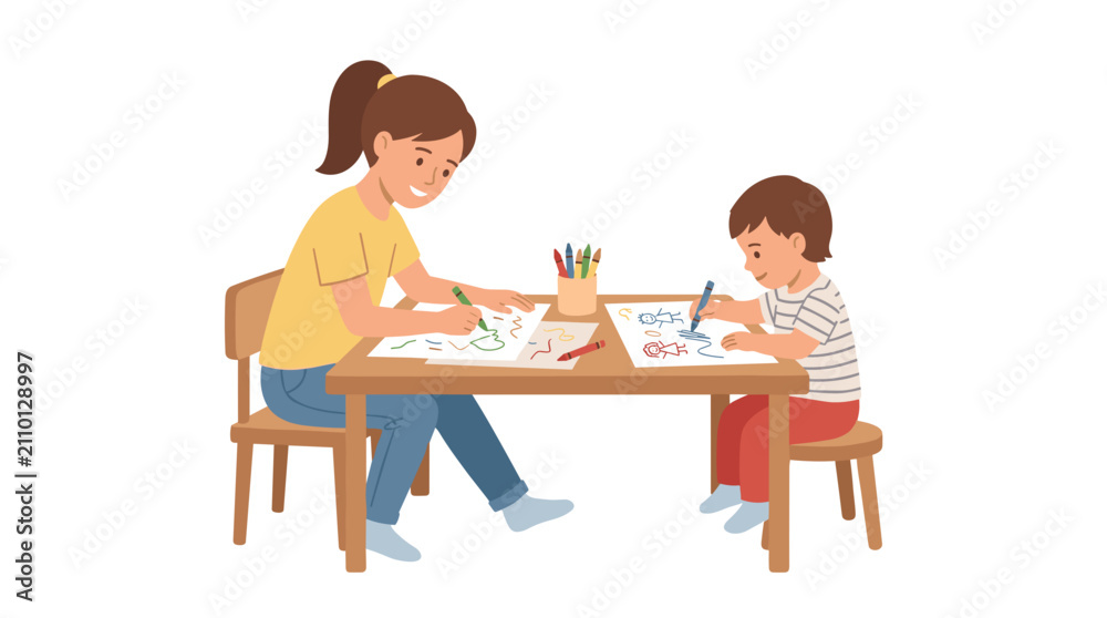 Fototapeta premium Mother and child drawing together at a table with crayons