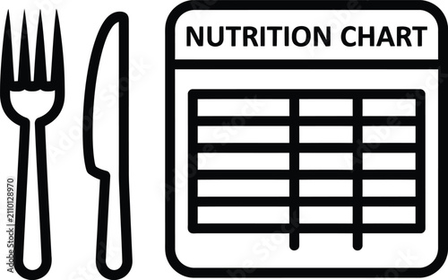 Nutrition chart icon with fork and knife showing dietary information guide for healthy eating and balanced lifestyle visualization, nutrition