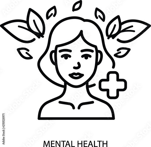 Mental health icon with woman face and medical cross symbol with surrounding leaves for psychological wellbeing and therapy concept, wellbeing