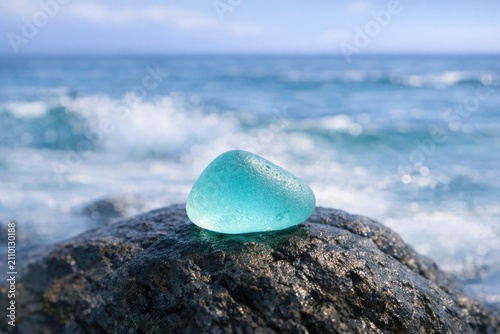 A single piece of glass sits atop a rock overlooking the ocean