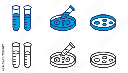 A collection of scientific laboratory equipment icons including test tubes and petri dishes shown in both colored and outline line art styles