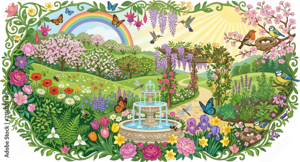Obraz premium Garden landscape features a stone fountain surrounded by colorful flower beds and a lush rolling hillside under a rainbow.