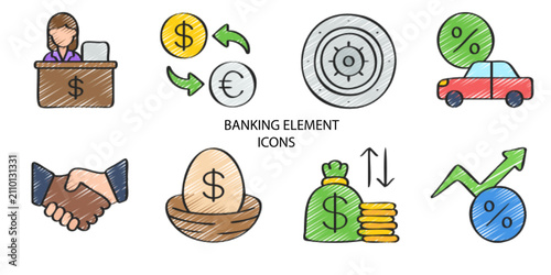 Set of 08 outline Banking Element icons. Banking Line icons set. Vector illustration.