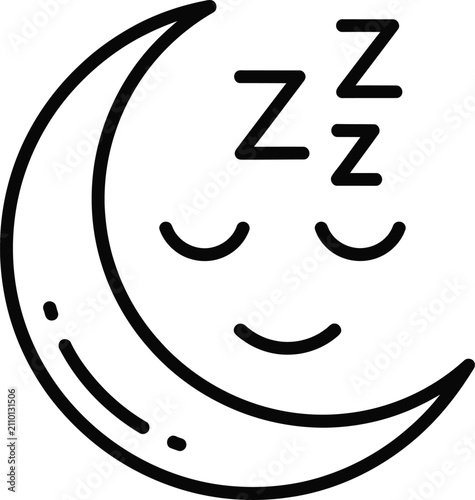 Sleep icon featuring a crescent moon with closed eyes and zzz letters to represent nighttime rest and deep slumber crescent sleeping