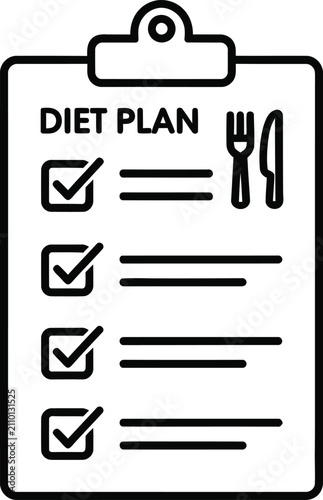 Diet plan checklist on a clipboard with fork and knife icon representing nutrition and healthy eating management clipboard checklist