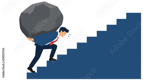 Exhausted Businessman Struggling Upward on Tall Staircase with Massive Boulder on Back - Determination, Career Challenge, Business Obstacle, Personal Growth, Overcoming Adversity, Success Metaphor