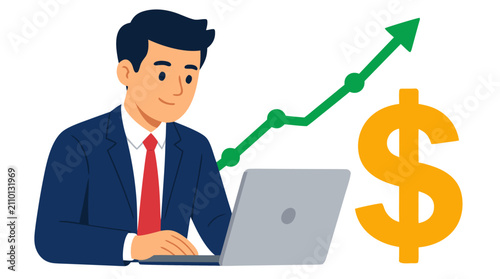 Professional businessman achieving financial success with rising profit chart at laptop - bold flat design illustration of digital money growth, stock market gains and business earnings