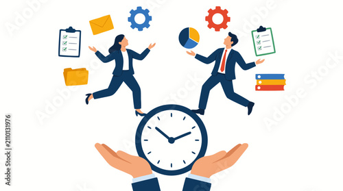 Businesswoman and businessman balancing and juggling on a giant clock with office work tasks, gears, checklists, files and productivity symbols representing time management and multitasking