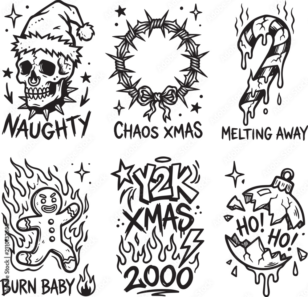 Fototapeta premium Y2K Streetwear Edgy Christmas Skull Tattoo Flash Minimal Line Art Vector Bundle
