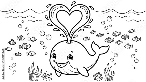 Cute Baby Whale Coloring Page for Kids Ocean Animal Line Art Illustration