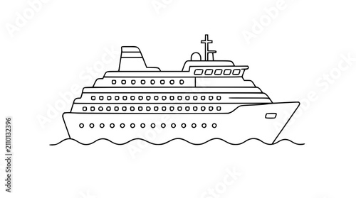Принти на полотні Cruise ship vector icon illustration, minimalist outline style of a large passenger liner sailing on ocean waves, isolated on white background for travel, tourism, and maritime transportation design