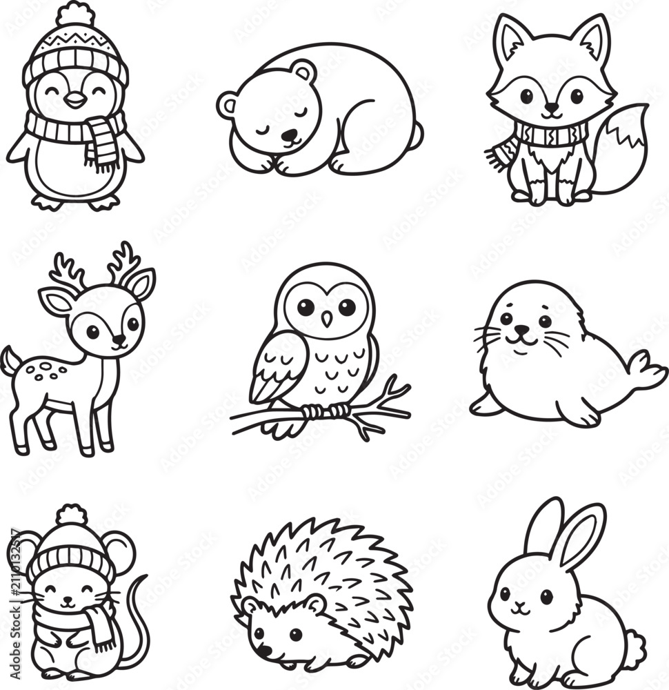 Fototapeta premium Kawaii winter animal stickers clipart set cute baby polar bear penguin line art pack