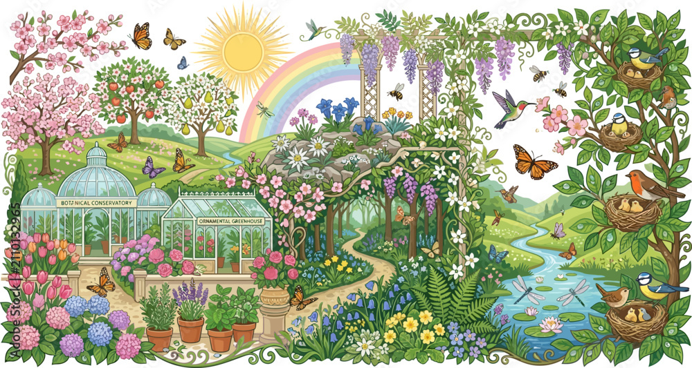 Obraz premium Botanical conservatories anchor a lush landscape featuring winding paths, wisteria archways, vegetable patches, and diverse birdlife in a sunny spring setting.