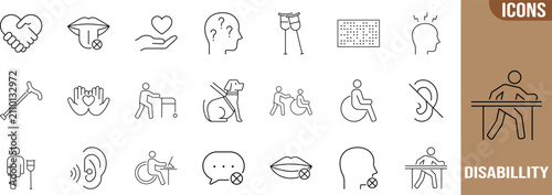 Disability accessibility support outline icons. wheelchair icon set, crutches icon set, braille icon set