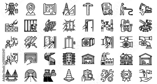 Tableau sur toile Building Construction Process Editable Stroke Outline Icon Set Black Vector Illu