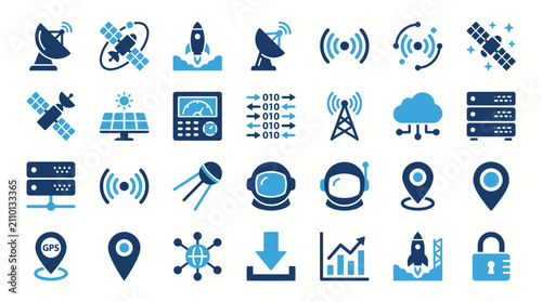 Communication technology icons illustrate the connectivity of modern global systems through satellite networks and data processing hardware.