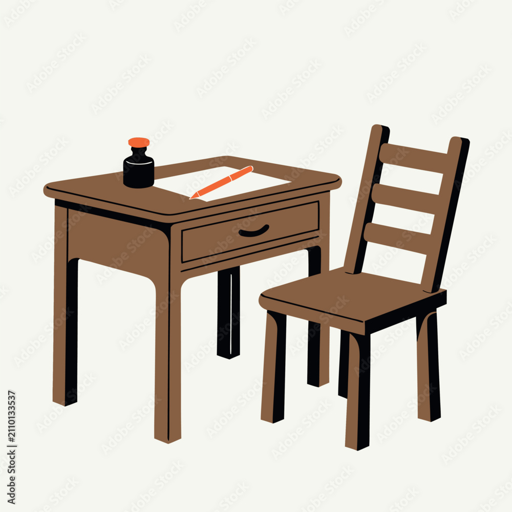 Fototapeta premium Minimal vintage wooden study desk and classic chair vector illustration with books and ink bottle, flat design, bold black outlines, retro furniture, clean geometric shapes