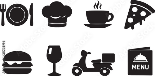 фотографія Set of restaurant and food delivery service icons featuring a distinct black and