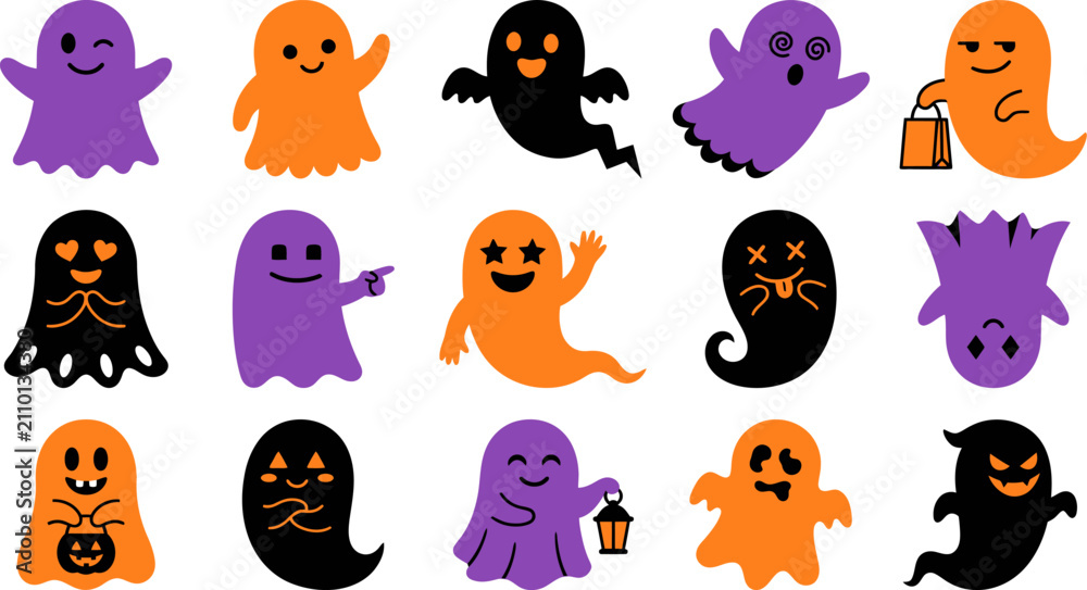Fototapeta premium Set of Colorful Cute Halloween Ghost Vector Illustrations with Spooky Cartoon Characters