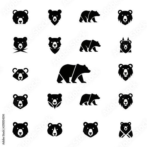 Bear Icons Set: Head Silhouettes and Full Body Illustrations