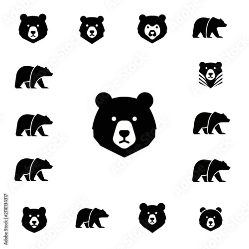 Bear Icons Set: Heads and Silhouettes, Vector Graphics