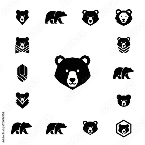 Bear Icons Set: Heads and Full Body Silhouettes, Vector Graphics
