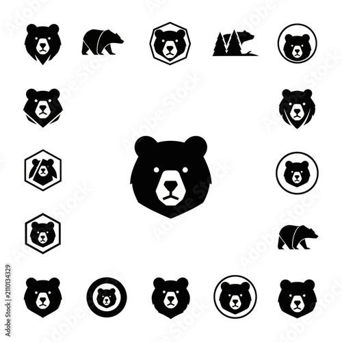 Bear Icons Set: Head, Silhouette, Geometric Designs - Vector Graphics