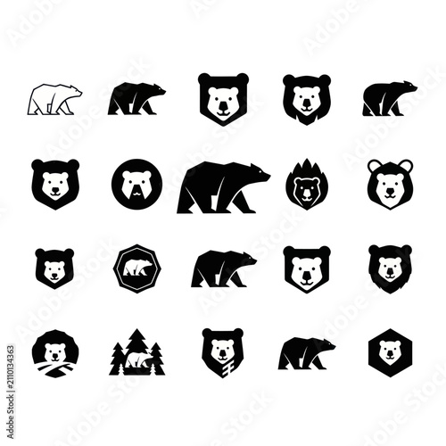 Bear Icons Set: Silhouette, Emblem, and Head Illustrations