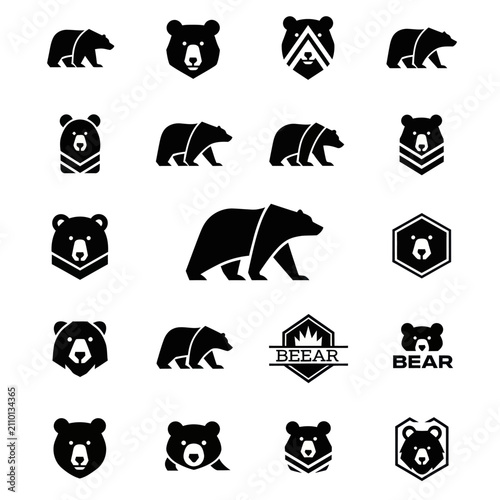 Bear Icons Set: Silhouette, Emblem, Head, Standing, Walking
