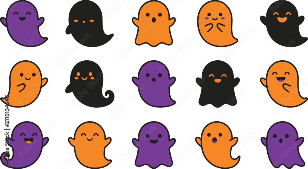 Fototapeta premium Colorful Halloween Ghost Character Collection with Cute and Spooky Vector Illustrations