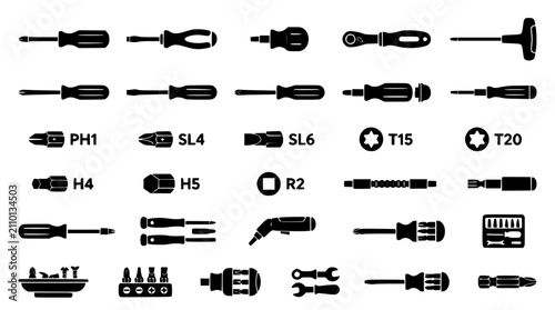 Canvastavla Screwdriver set and drive bit types icon set featuring phillips slotted torx hex