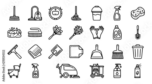 Canvastavla Cleaning service linear icon set featuring vacuum cleaner mop bucket broom spray