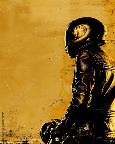 Motorcyclist in black leather jacket and helmet looking at the city skyline on a textured yellow background