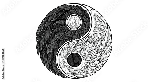 Monochrome yin yang symbol illustration meticulously crafted from detailed black and white feathers, showcasing symmetrical balance and intricate plumage textures on a clean white backdrop.
