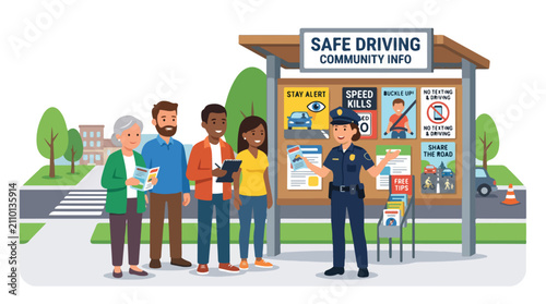 Police officer educating diverse group of citizens about safe driving practices at community board.