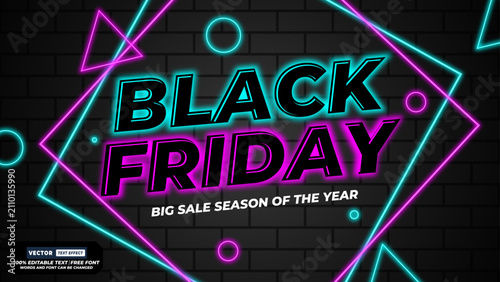 Futuristic neon black friday sale promotion. Dynamic geometric frames surround this editable vector text effect. Bright cyan and magenta lights contrast with a dark brick wall texture. engaging