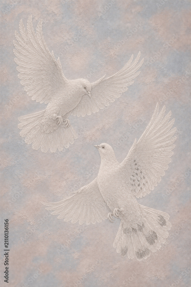 Fototapeta premium Two peace doves in flight with embossed relief-look plaster texture design on dusty blue and blush background