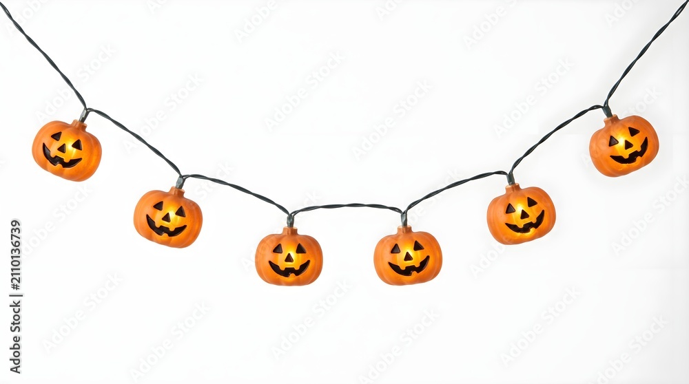 Obraz premium A festive string of glowing jack o lantern lights isolated on a white background perfect for a fun happy halloween party decoration