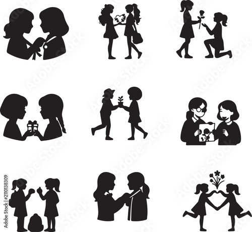 Canvas Print Friendship silhouettes depicting interactions black on white background