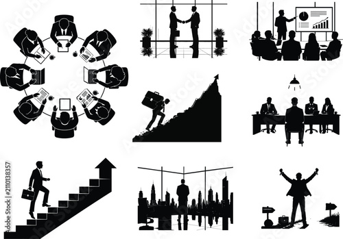 Set of corporate business people silhouettes representing teamwork, leadership, and success