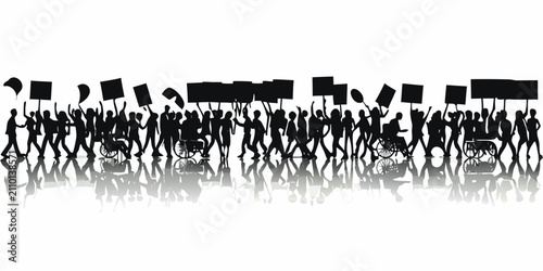 Принти на полотні Protest March Silhouette Vector Illustration With Raised Fists And Signs On Whit
