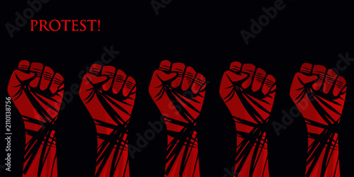 Obraz na płótnie Red clenched fists illustration against a black background protest art style