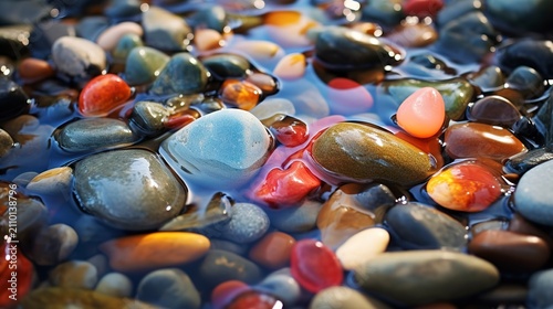 A photo of multicolored stones in a shallow stream.