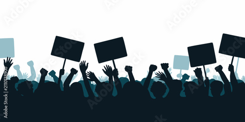 Crowd Silhouette With Raised Hands And Signs Against A White Background